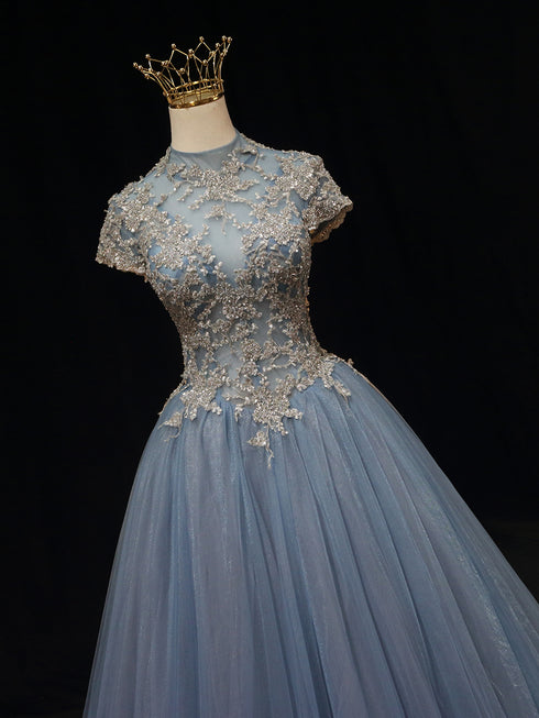 Light Blue High-Neck Tulle Ball Gown Wedding Dress - Embellished Wedding Dress - Aline Ball Gown Wedding Dress Plus Size